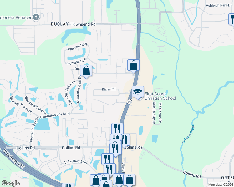 map of restaurants, bars, coffee shops, grocery stores, and more near 6053 Bizier Road in Jacksonville