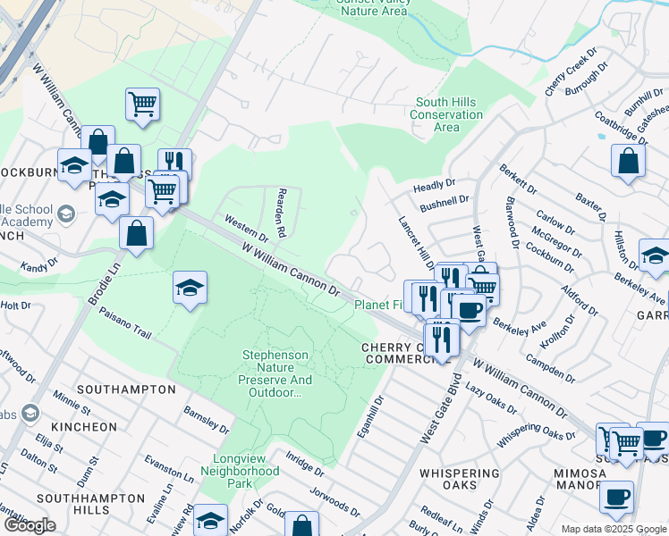 map of restaurants, bars, coffee shops, grocery stores, and more near 3014 West William Cannon Drive in Austin