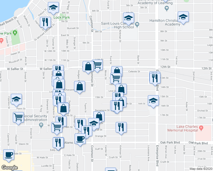 map of restaurants, bars, coffee shops, grocery stores, and more near 704 14th Street in Lake Charles