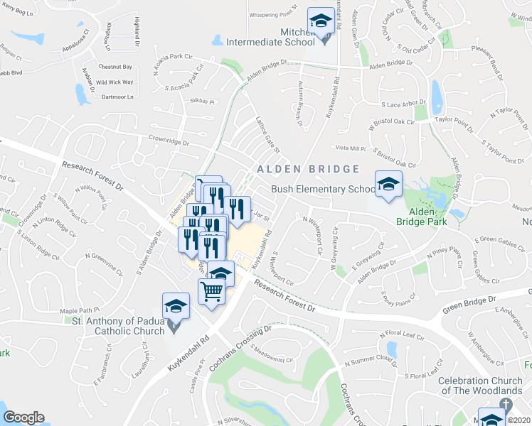 map of restaurants, bars, coffee shops, grocery stores, and more near 14 Ginger Jar Street in The Woodlands