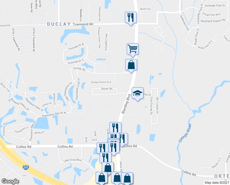 map of restaurants, bars, coffee shops, grocery stores, and more near 6053 Bizier Road in Jacksonville