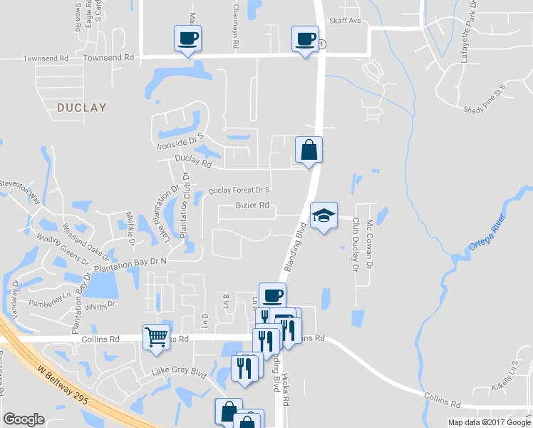 map of restaurants, bars, coffee shops, grocery stores, and more near 6053 Bizier Road in Jacksonville