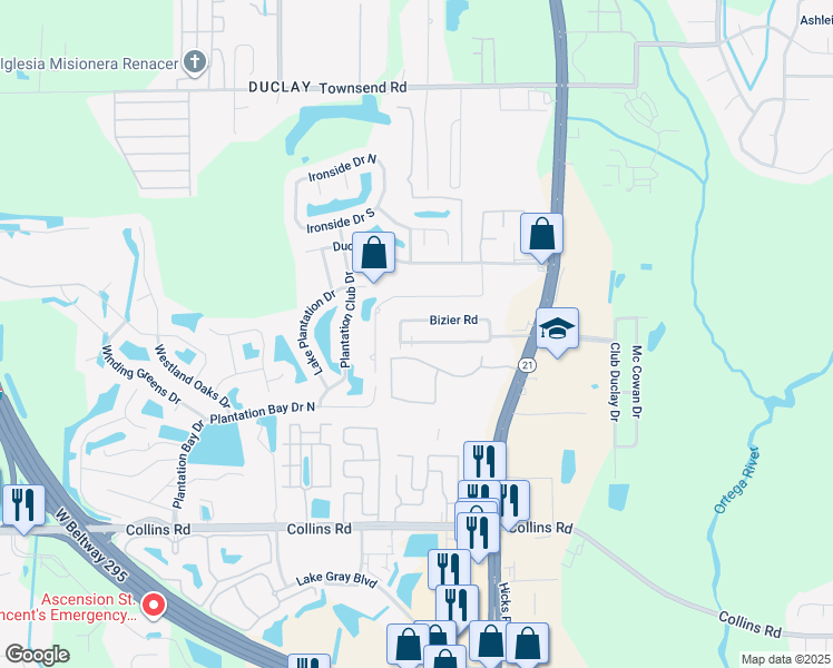map of restaurants, bars, coffee shops, grocery stores, and more near 6221 Bizier Road in Jacksonville