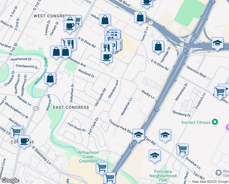 map of restaurants, bars, coffee shops, grocery stores, and more near 4701 Old Castle Road in Austin