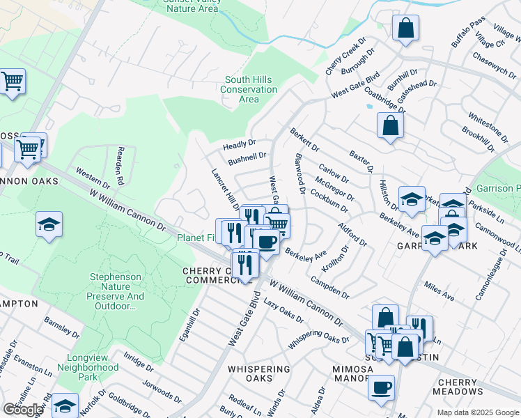 map of restaurants, bars, coffee shops, grocery stores, and more near in Austin