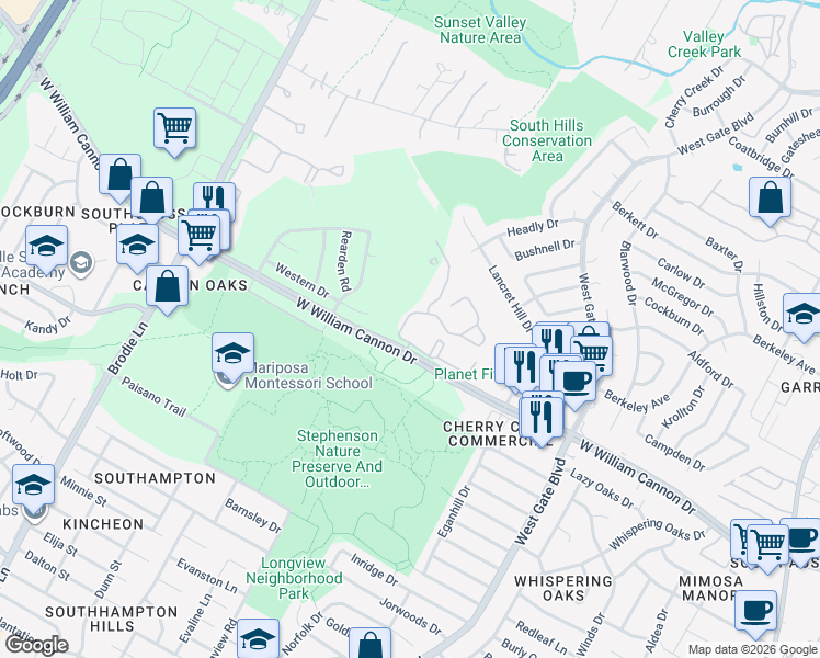 map of restaurants, bars, coffee shops, grocery stores, and more near 3014 West William Cannon Drive in Austin