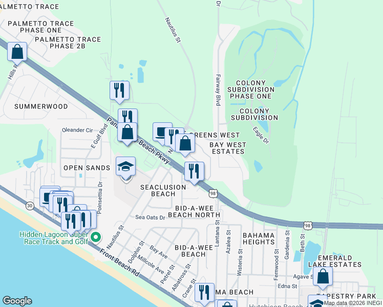 map of restaurants, bars, coffee shops, grocery stores, and more near 1604 Cape Cod Drive in Panama City Beach