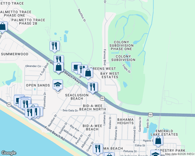map of restaurants, bars, coffee shops, grocery stores, and more near 1604 Cape Cod Drive in Panama City Beach