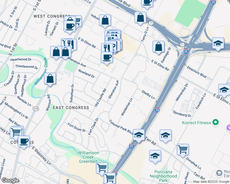 map of restaurants, bars, coffee shops, grocery stores, and more near 4701 Old Castle Road in Austin
