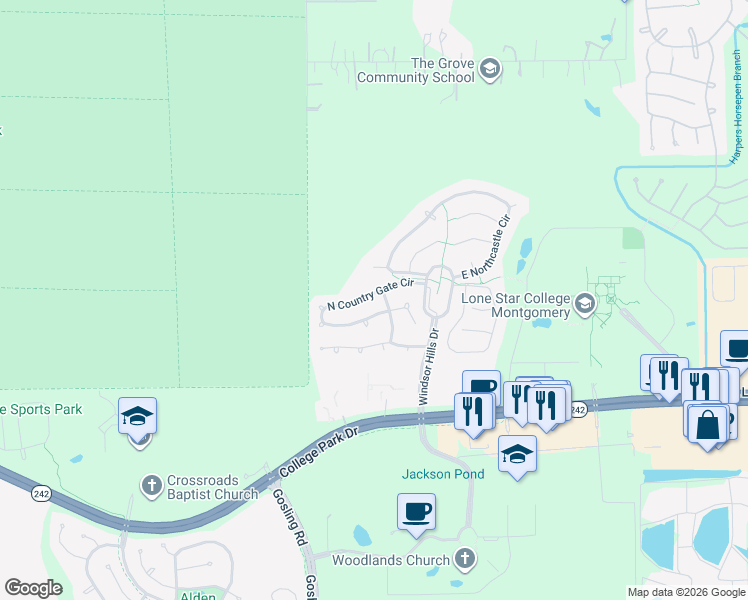 map of restaurants, bars, coffee shops, grocery stores, and more near 15 Barkley Park Court in Conroe