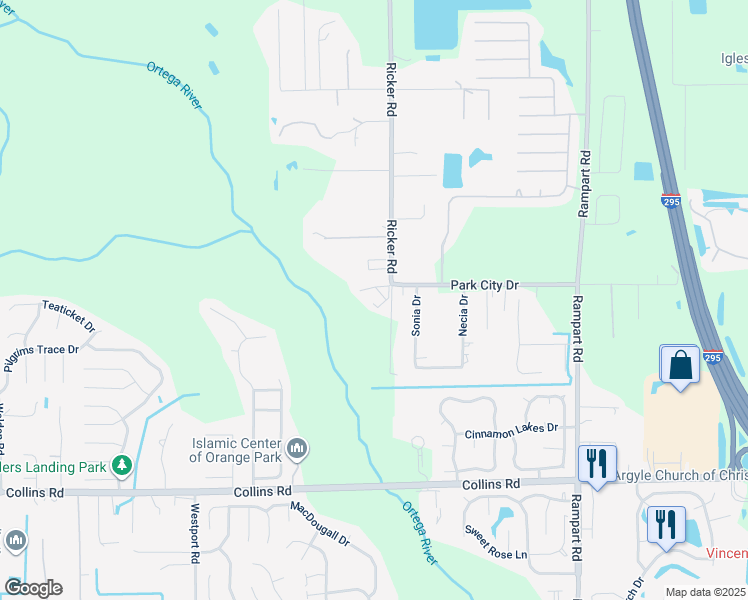 map of restaurants, bars, coffee shops, grocery stores, and more near 7500 Ricker Road in Jacksonville