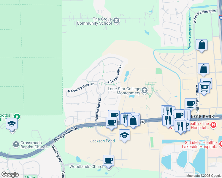 map of restaurants, bars, coffee shops, grocery stores, and more near 2 Robindale Circle in Conroe