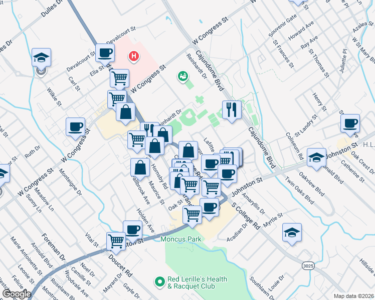 map of restaurants, bars, coffee shops, grocery stores, and more near 227 Aurore Avenue in Lafayette
