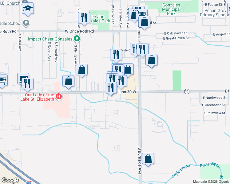 map of restaurants, bars, coffee shops, grocery stores, and more near East Highway 30 in Gonzales