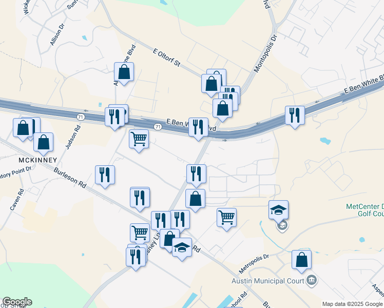 map of restaurants, bars, coffee shops, grocery stores, and more near 6117 East Ben White Boulevard in Austin