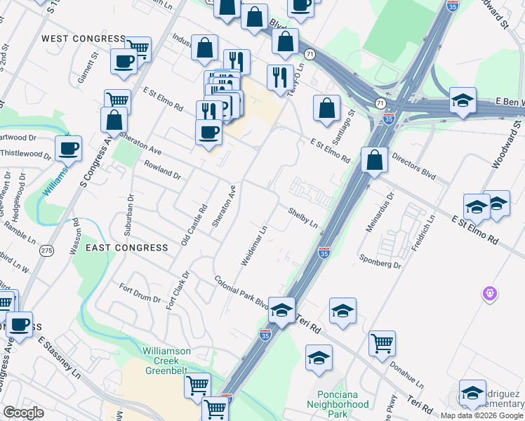 map of restaurants, bars, coffee shops, grocery stores, and more near 701-999 Shelby Ln in Austin