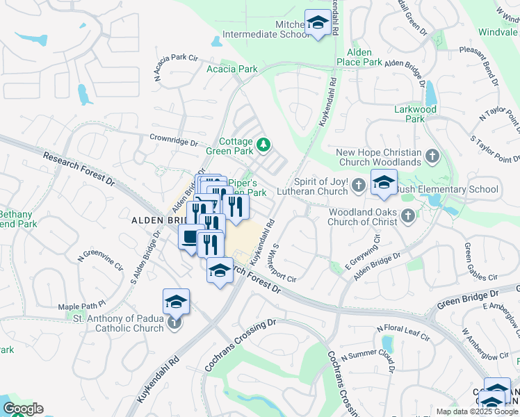 map of restaurants, bars, coffee shops, grocery stores, and more near 14 Crocus Petal Street in The Woodlands