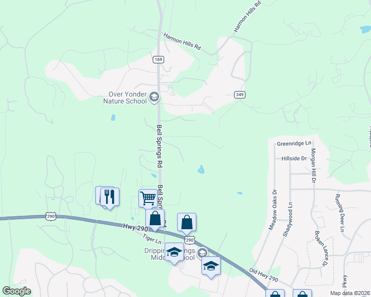 map of restaurants, bars, coffee shops, grocery stores, and more near 5215 Bell Springs Road in Dripping Springs