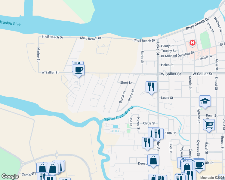 map of restaurants, bars, coffee shops, grocery stores, and more near 2113 La Cache Drive in Lake Charles