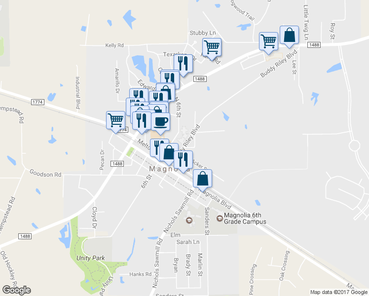 map of restaurants, bars, coffee shops, grocery stores, and more near 18415 Heidler Road in Magnolia