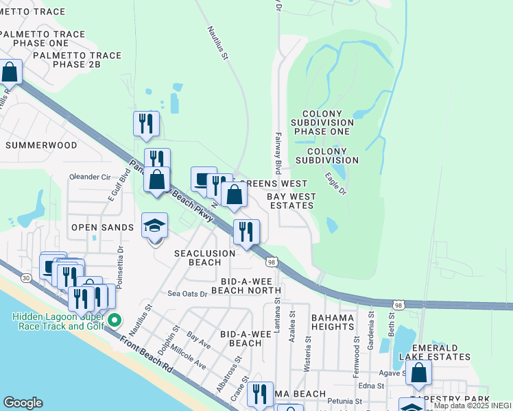map of restaurants, bars, coffee shops, grocery stores, and more near 1604 Cape Cod Drive in Panama City Beach
