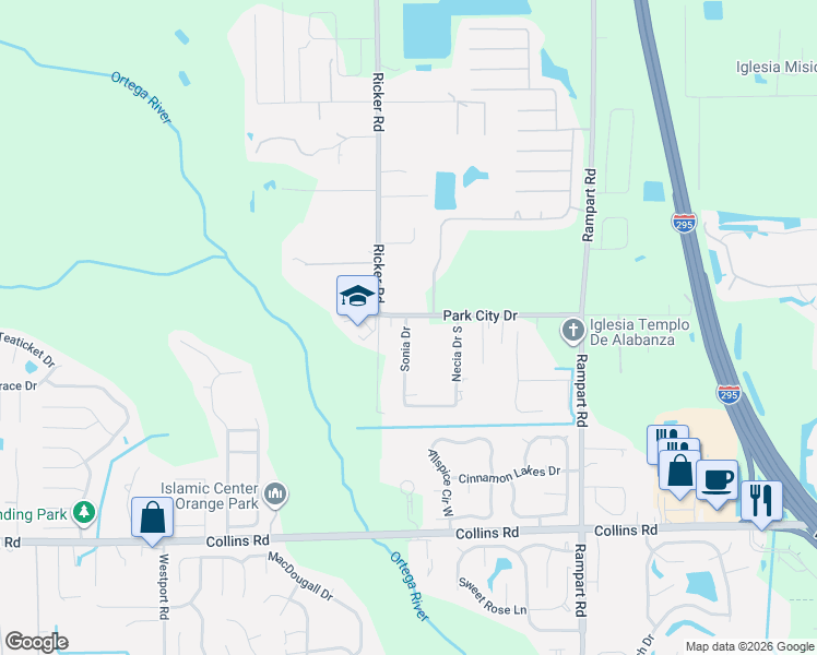 map of restaurants, bars, coffee shops, grocery stores, and more near 7523 Park City Drive in Jacksonville