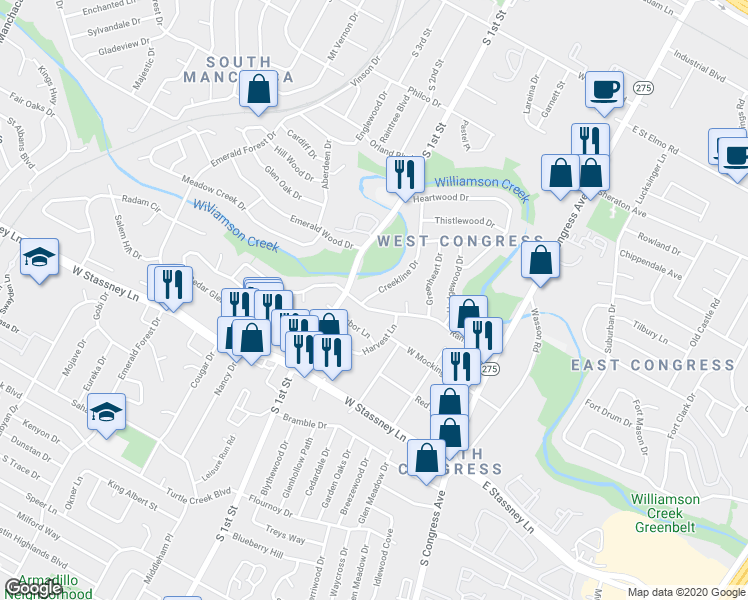 map of restaurants, bars, coffee shops, grocery stores, and more near 5209 Creekline Drive in Austin