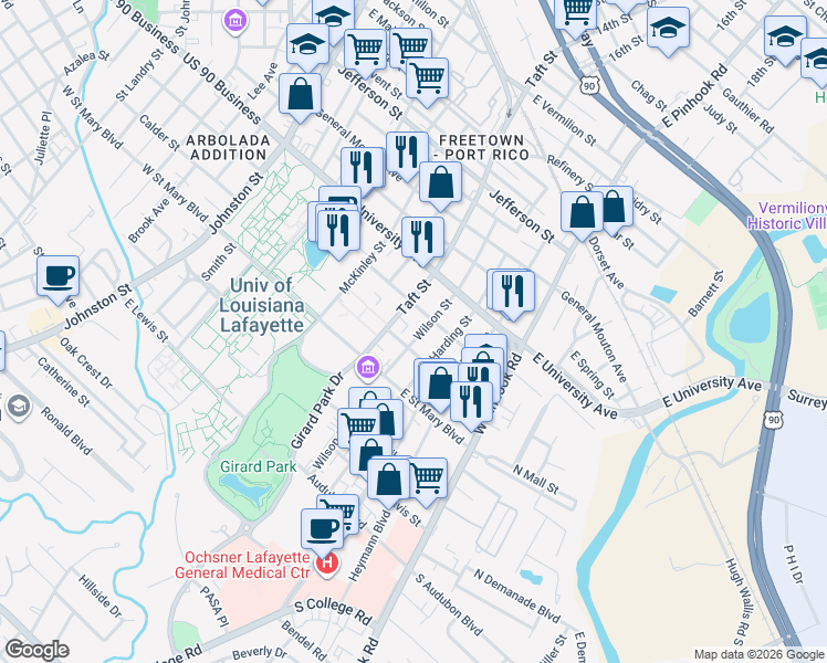 map of restaurants, bars, coffee shops, grocery stores, and more near 608 Wilson Street in Lafayette