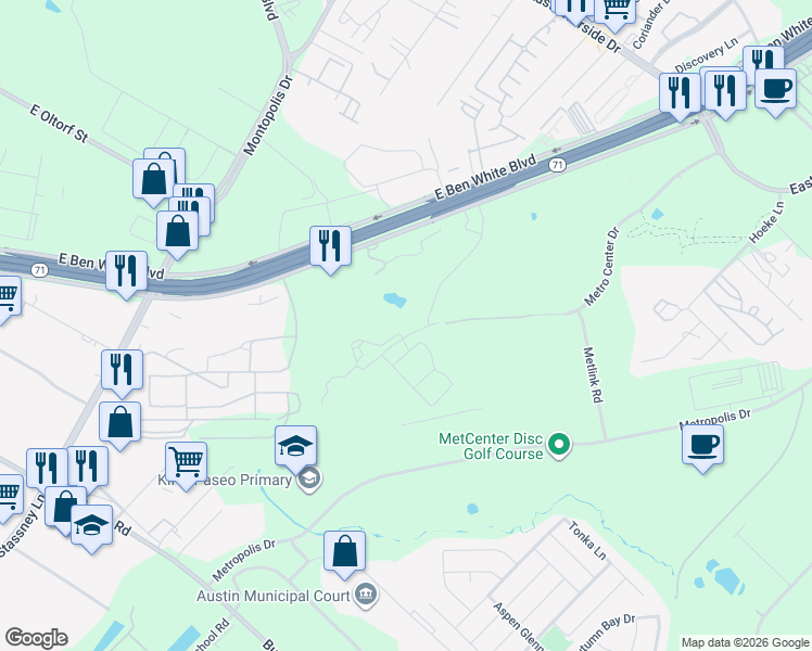 map of restaurants, bars, coffee shops, grocery stores, and more near 6801 East Ben White Boulevard in Austin