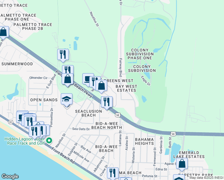 map of restaurants, bars, coffee shops, grocery stores, and more near 1604 Cape Cod Drive in Panama City Beach