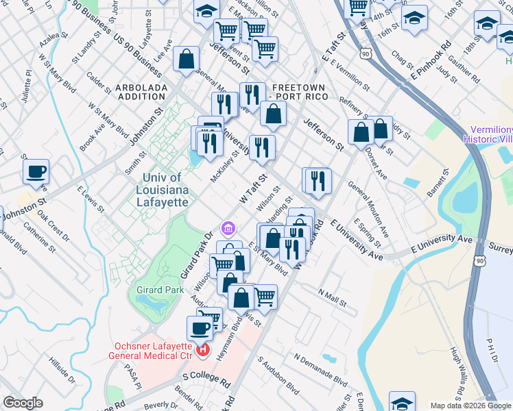 map of restaurants, bars, coffee shops, grocery stores, and more near 608 Wilson Street in Lafayette