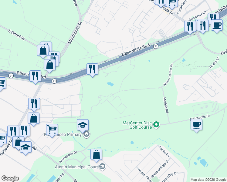 map of restaurants, bars, coffee shops, grocery stores, and more near 6801 East Ben White Boulevard in Austin