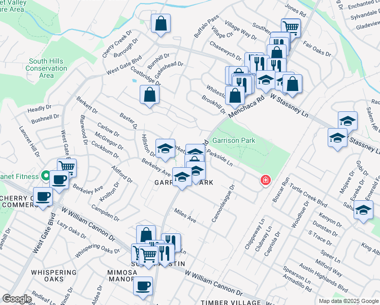 map of restaurants, bars, coffee shops, grocery stores, and more near 2202 Berkett Drive in Austin