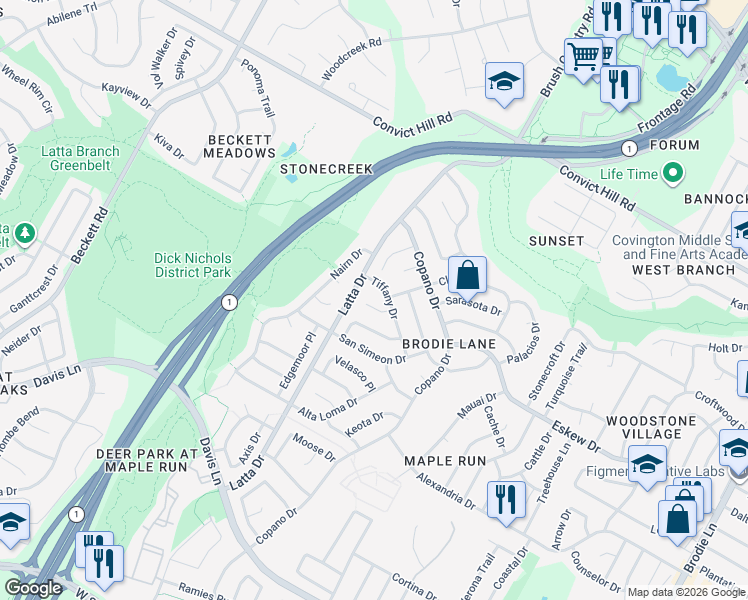 map of restaurants, bars, coffee shops, grocery stores, and more near 7906 Tiffany Drive in Austin