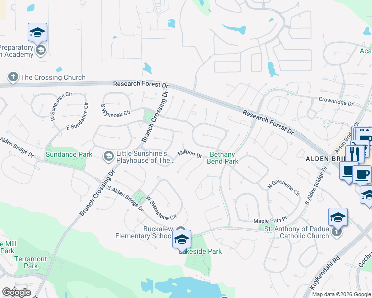 map of restaurants, bars, coffee shops, grocery stores, and more near 15 Sweet Birch Place in Spring