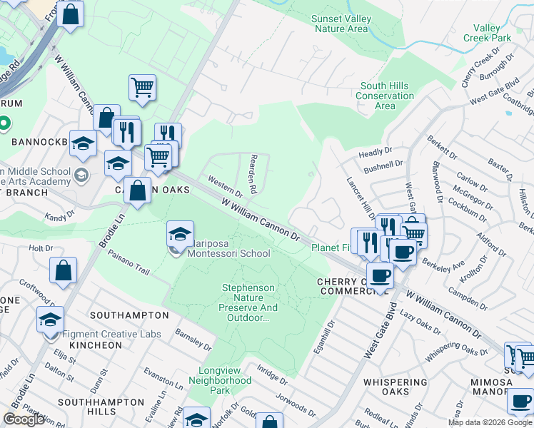 map of restaurants, bars, coffee shops, grocery stores, and more near 3203 Western Drive in Austin