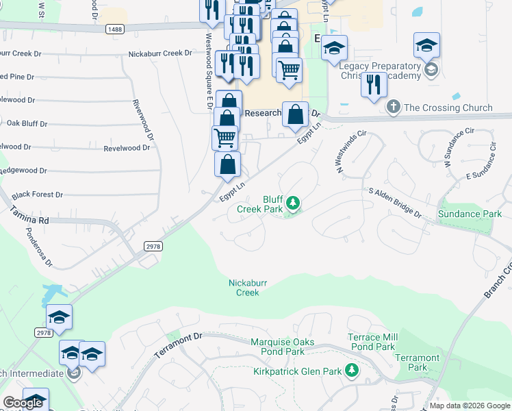 map of restaurants, bars, coffee shops, grocery stores, and more near 30 Flickering Sun Court in The Woodlands