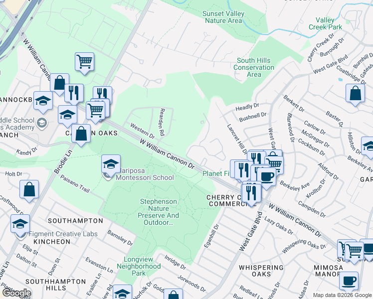 map of restaurants, bars, coffee shops, grocery stores, and more near 3202 Western Drive in Austin