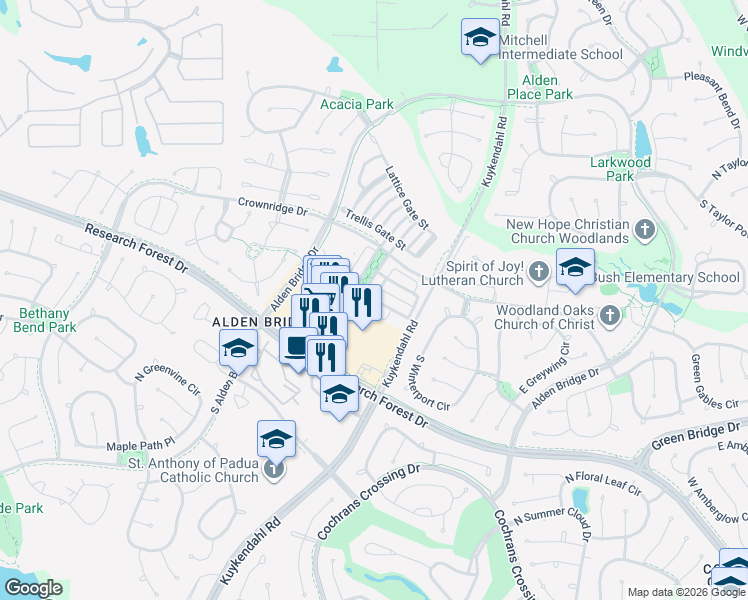 map of restaurants, bars, coffee shops, grocery stores, and more near Ginger Jar Street in The Woodlands