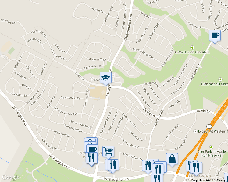 map of restaurants, bars, coffee shops, grocery stores, and more near 6111 Davis Lane in Austin