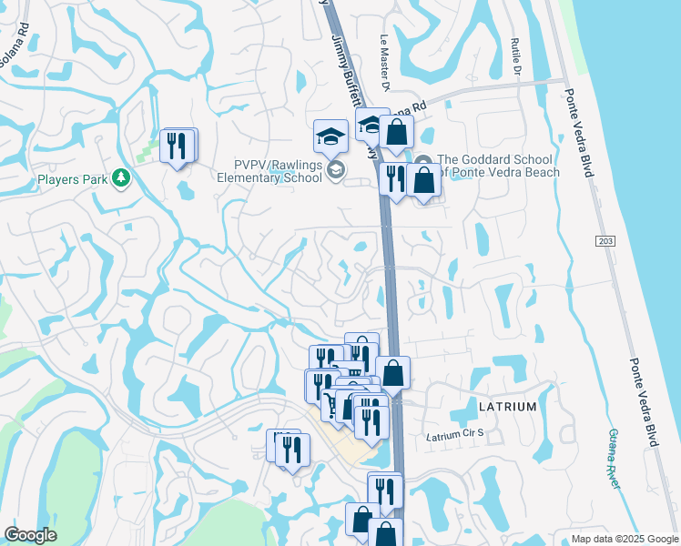 map of restaurants, bars, coffee shops, grocery stores, and more near 1 Arbor Club Drive in Ponte Vedra Beach