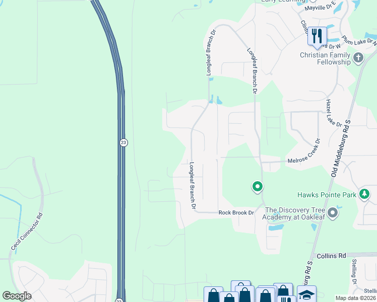 map of restaurants, bars, coffee shops, grocery stores, and more near 6504 Longleaf Branch Drive in Jacksonville