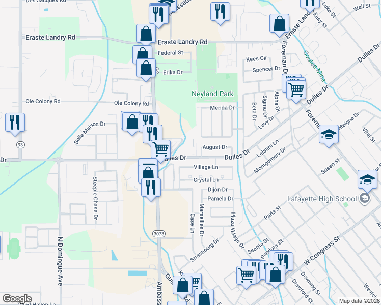 map of restaurants, bars, coffee shops, grocery stores, and more near 1326 Dulles Drive in Lafayette