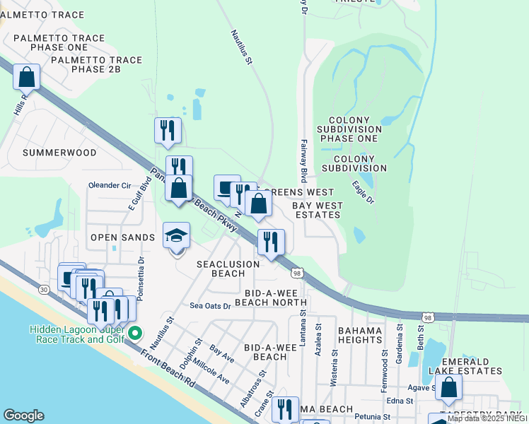 map of restaurants, bars, coffee shops, grocery stores, and more near 803 Cape Cod Drive in Panama City Beach