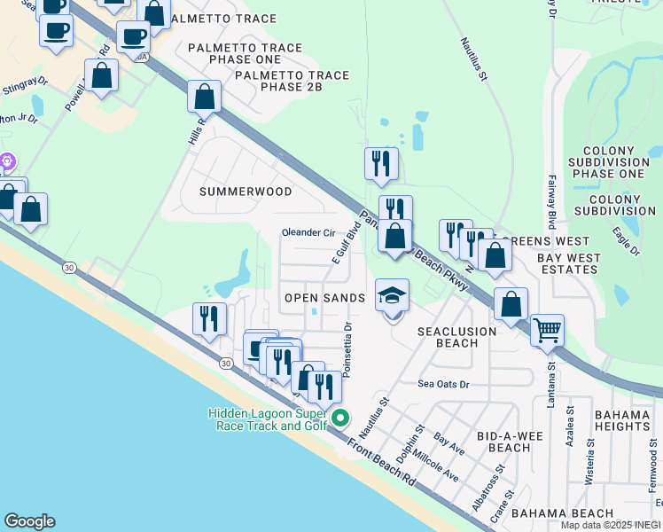 map of restaurants, bars, coffee shops, grocery stores, and more near 201 Hibiscus Avenue in Panama City Beach