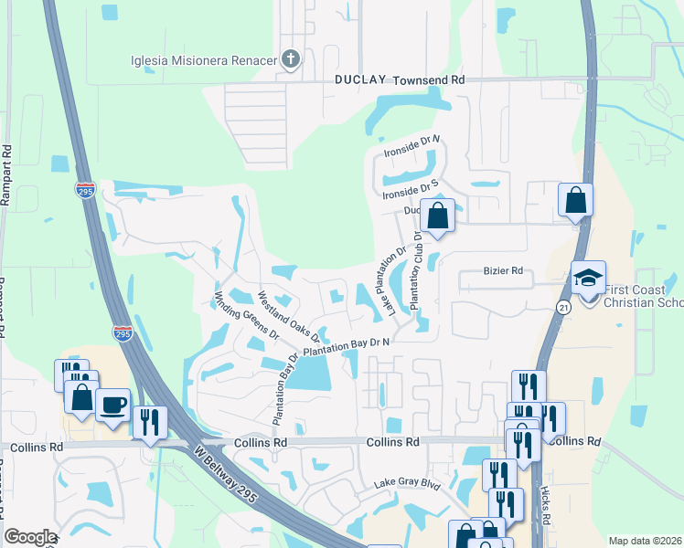 map of restaurants, bars, coffee shops, grocery stores, and more near 7509 Mishkie Drive in Jacksonville