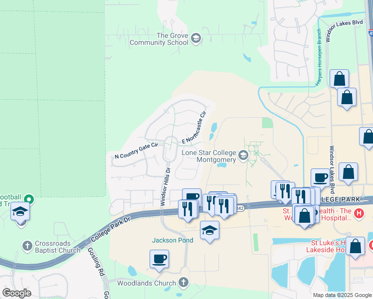map of restaurants, bars, coffee shops, grocery stores, and more near 2 Robindale Circle in Conroe