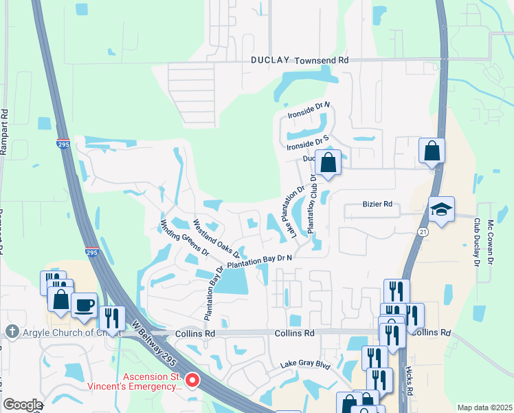 map of restaurants, bars, coffee shops, grocery stores, and more near 7509 Mishkie Drive in Jacksonville