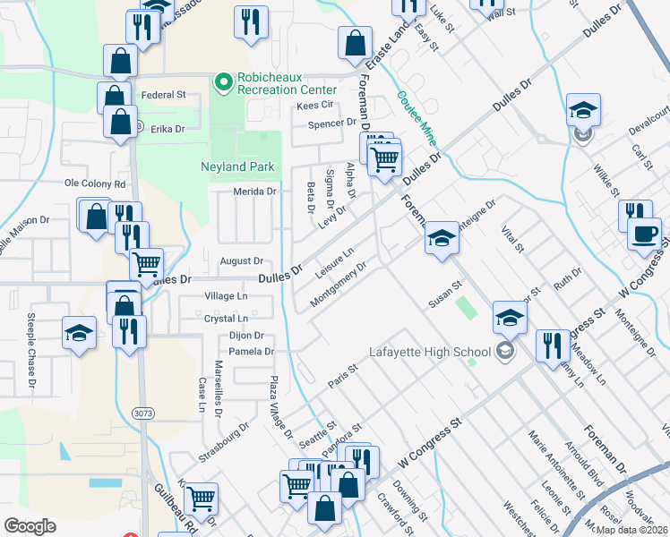 map of restaurants, bars, coffee shops, grocery stores, and more near 119 Leisure Lane in Lafayette