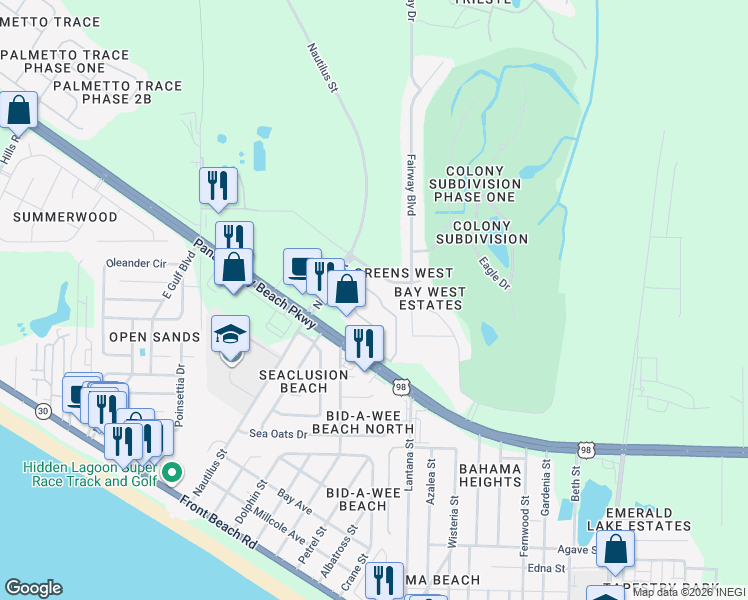 map of restaurants, bars, coffee shops, grocery stores, and more near 1604 Cape Cod Drive in Panama City Beach